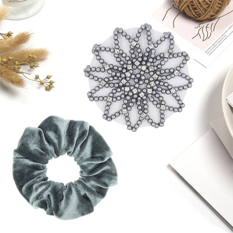 1 PC or 2PC Hand Made Crochet Pearl Elastic Hair Nets Ballet Dancing Snood Net Hair Bands Bun Covers Ornament for Ladies