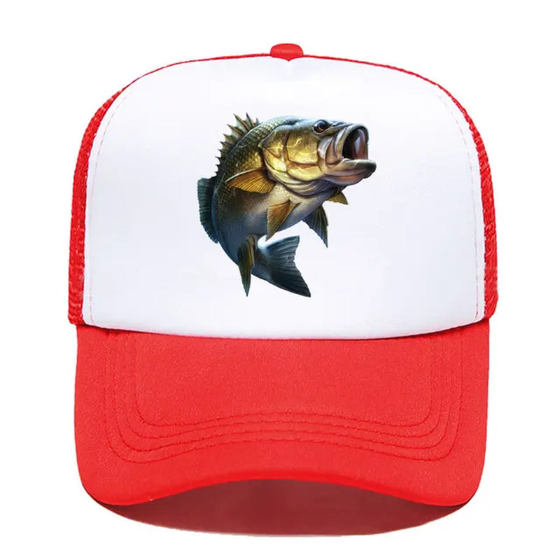 Cartoon Large Mouth Bass Fish Fishing Baseball Cap Funny Gift Men Women Parent-Child Hats Mesh Visor Outdoor Adjustable Sun Hat