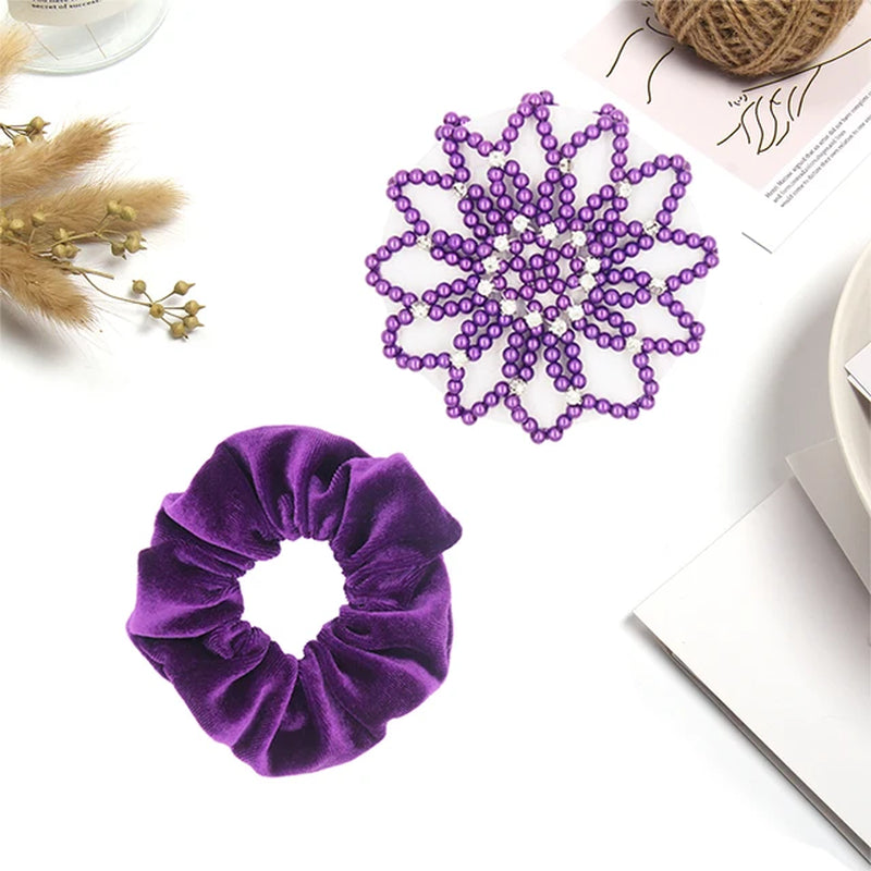 1 PC or 2PC Hand Made Crochet Pearl Elastic Hair Nets Ballet Dancing Snood Net Hair Bands Bun Covers Ornament for Ladies