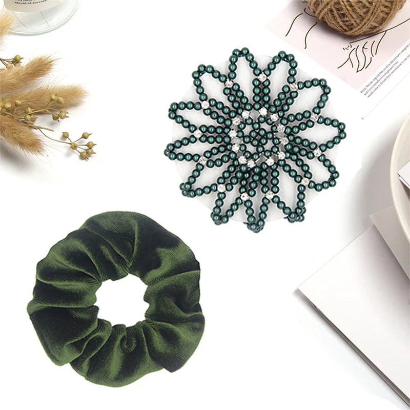 1 PC or 2PC Hand Made Crochet Pearl Elastic Hair Nets Ballet Dancing Snood Net Hair Bands Bun Covers Ornament for Ladies