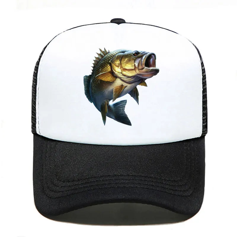 Cartoon Large Mouth Bass Fish Fishing Baseball Cap Funny Gift Men Women Parent-Child Hats Mesh Visor Outdoor Adjustable Sun Hat