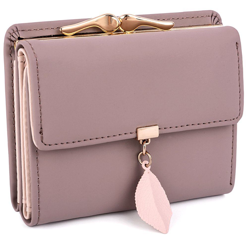 Small Wallet for Women PU Leather RFID Blocking Coin Purse Card Holder Trifold Ladies Purse Leaf Pendant(Pale Purple)