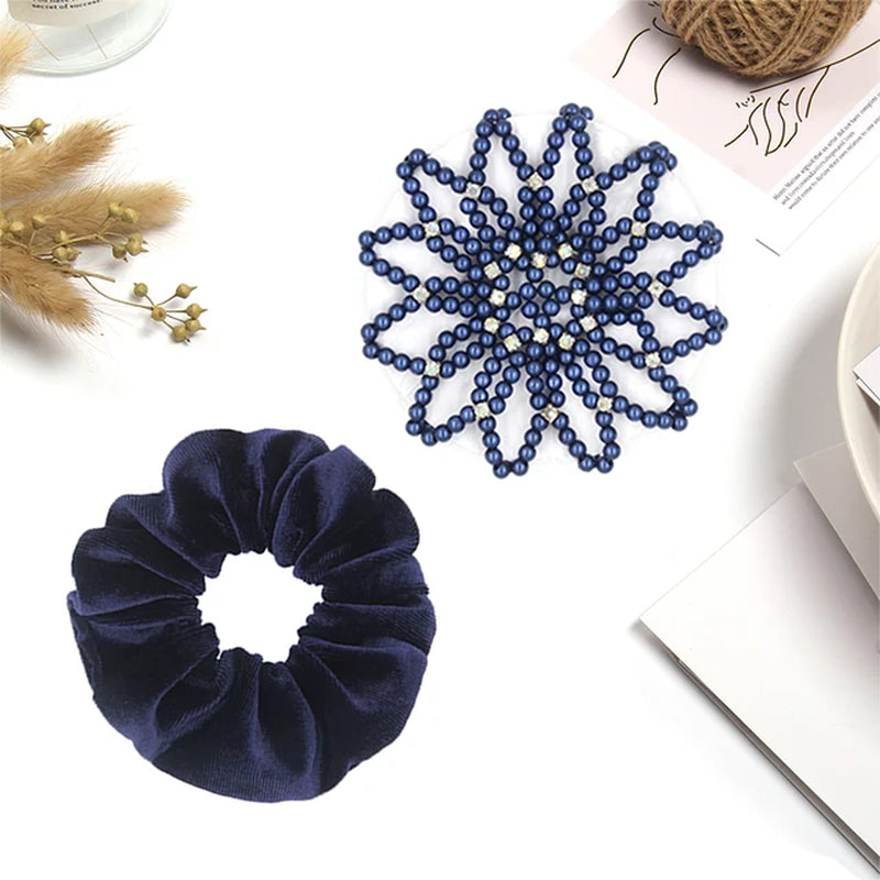 1 PC or 2PC Hand Made Crochet Pearl Elastic Hair Nets Ballet Dancing Snood Net Hair Bands Bun Covers Ornament for Ladies