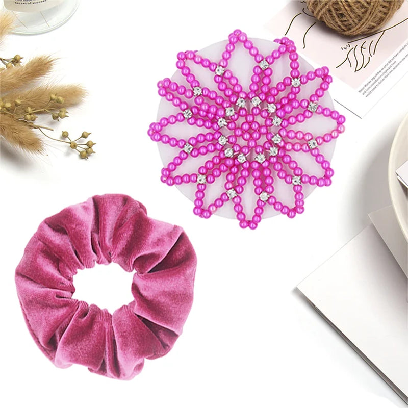 1 PC or 2PC Hand Made Crochet Pearl Elastic Hair Nets Ballet Dancing Snood Net Hair Bands Bun Covers Ornament for Ladies